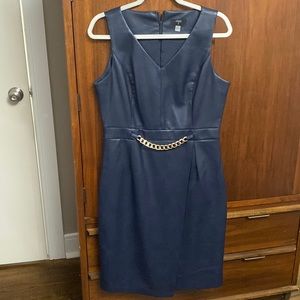 Tahari Navy Faux Leather Dress with Silver accent belt.